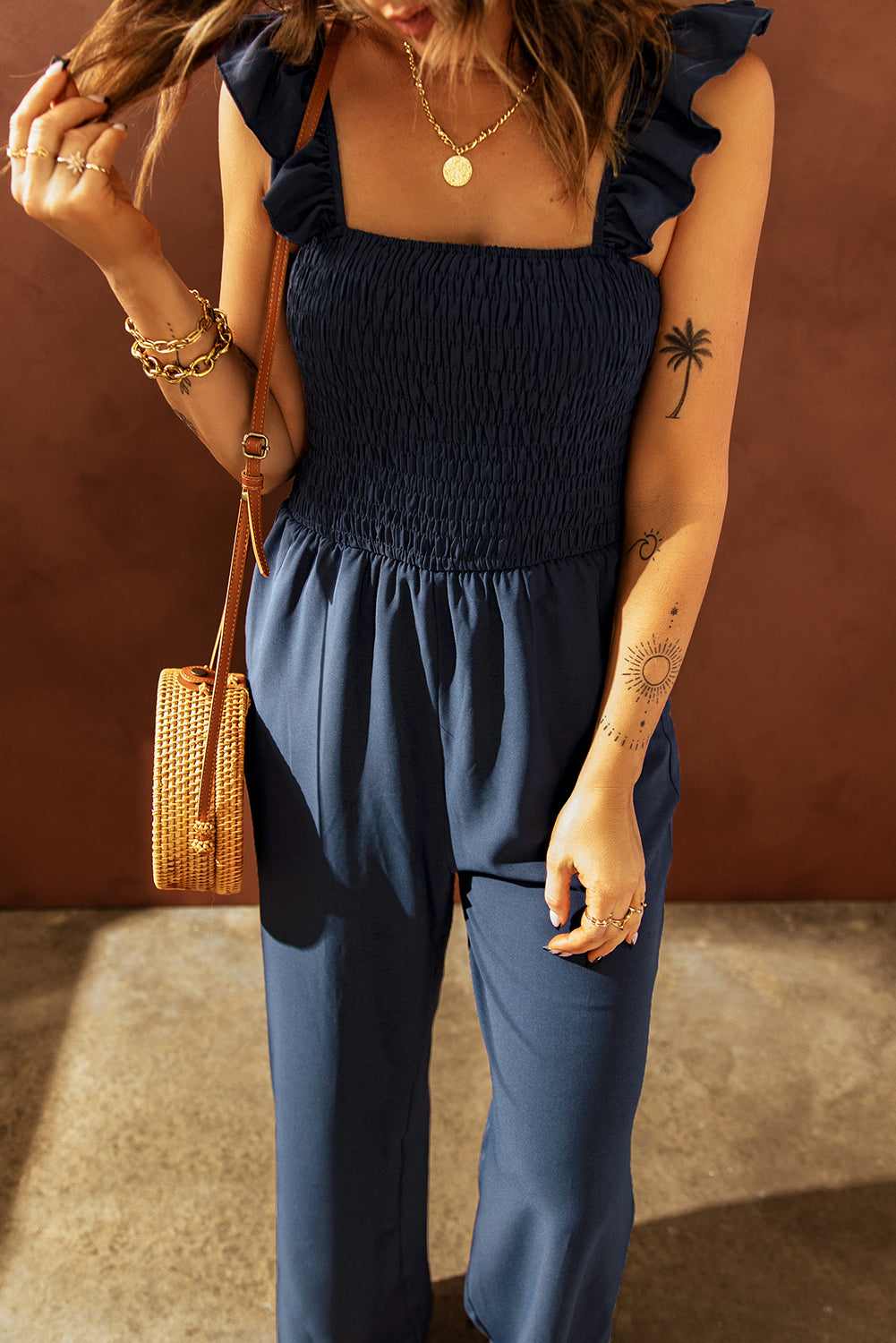 Blue Smocked Wide Leg Formal Jumpsuit