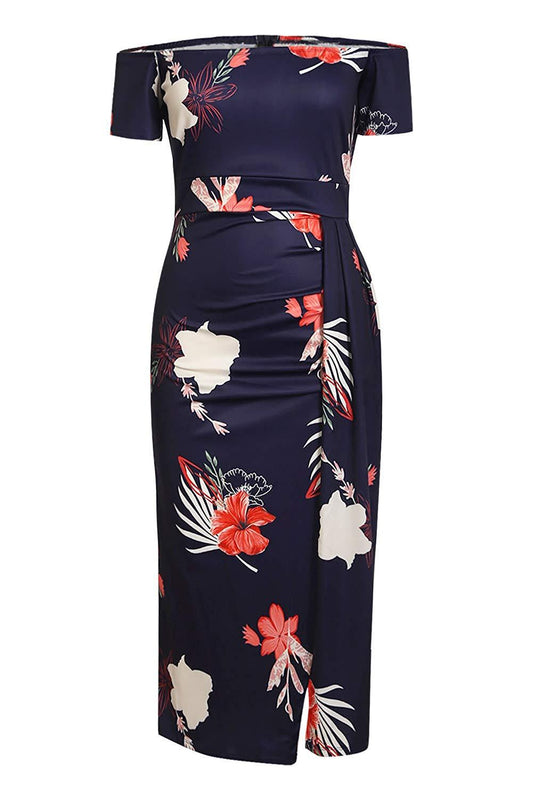 Floral Print Short Sleeve Off Shoulder Midi Bodycon Dresses