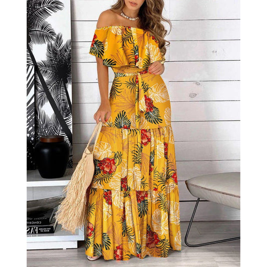 Summer Floral Off-shoulder Maxi Dress with Ruffled Hem and Straps