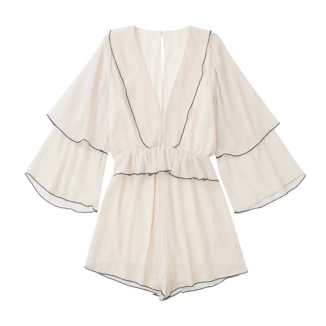 Ruffles Tiered Chiffon Wide Leg Beige Romper