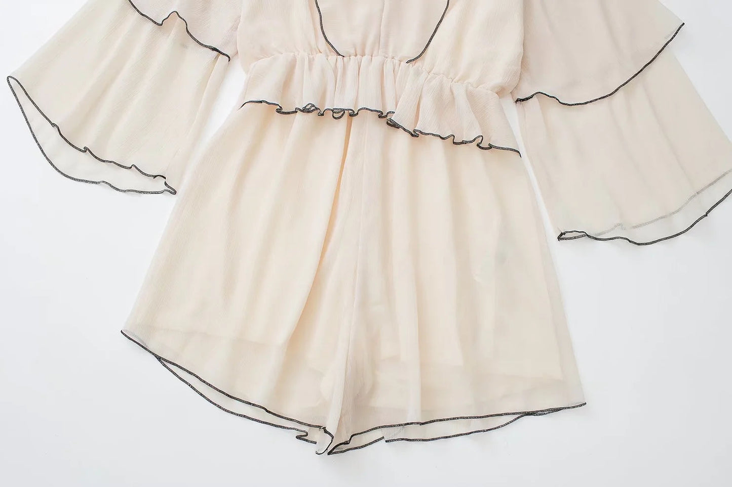 Ruffles Tiered Chiffon Wide Leg Beige Romper