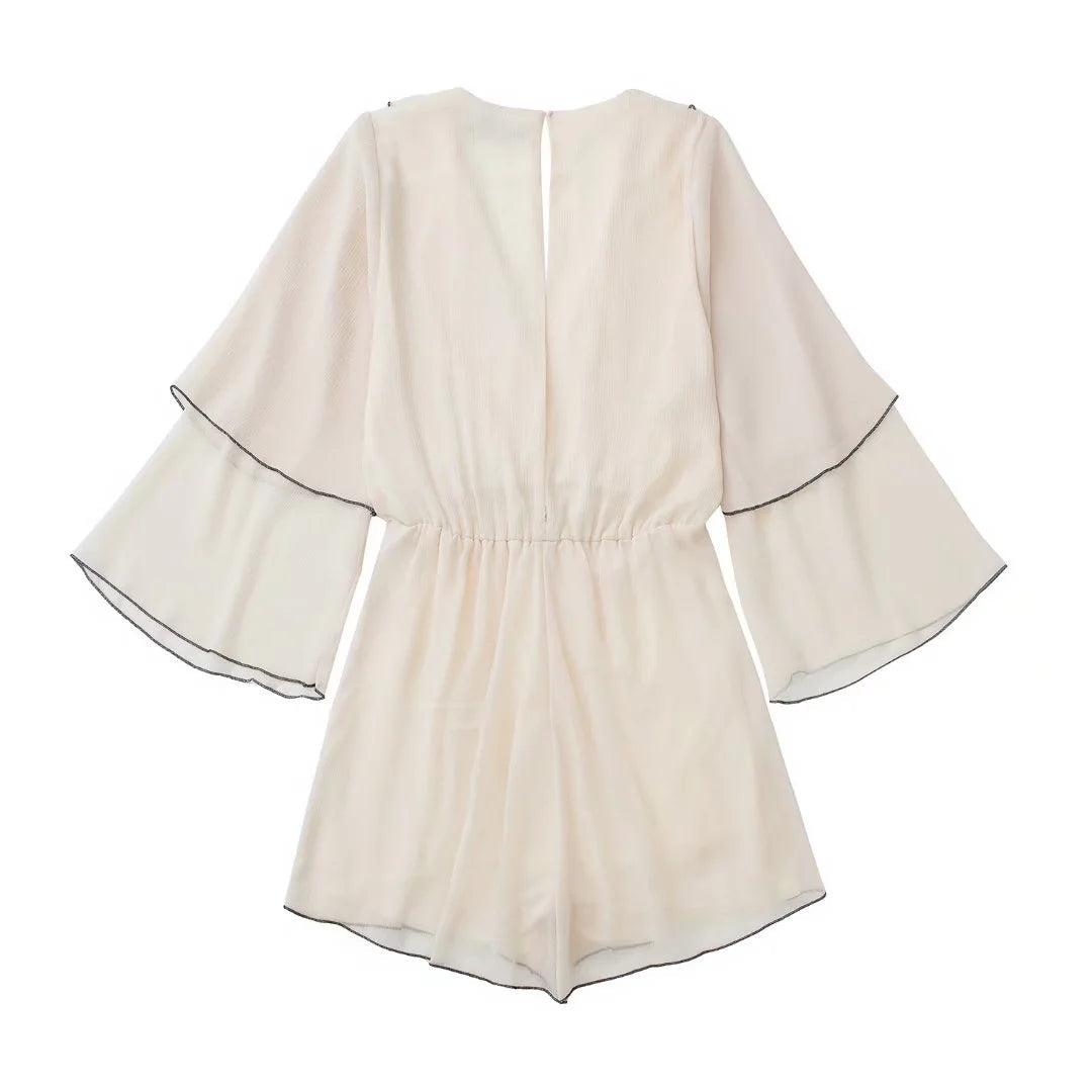 Ruffles Tiered Chiffon Wide Leg Beige Romper