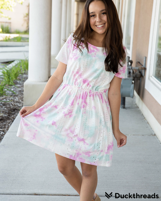 Tie Dye Eyelet dress in Teal & Pink