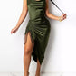 New Sleeveless Drawstring Ruched Split Slim Sling Midi Dress