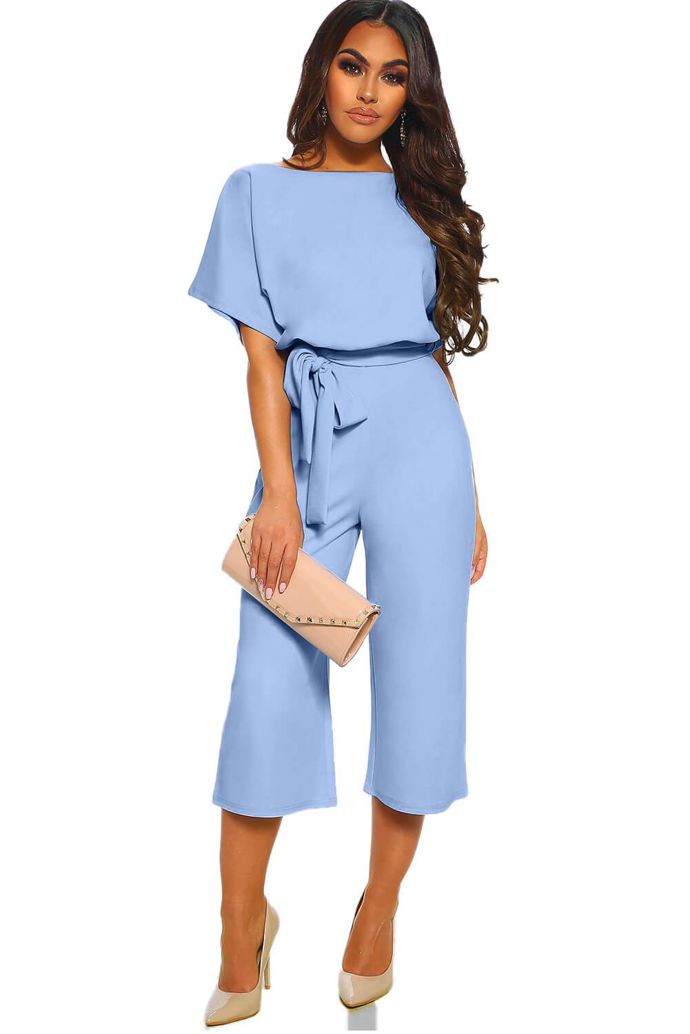 Short Sleeve Sky Blue Always Chic Belted Culotte Jumpsuit