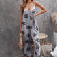 Summer Gray Palm Leaves Print Spaghetti Strap Wide Leg jumpsuit