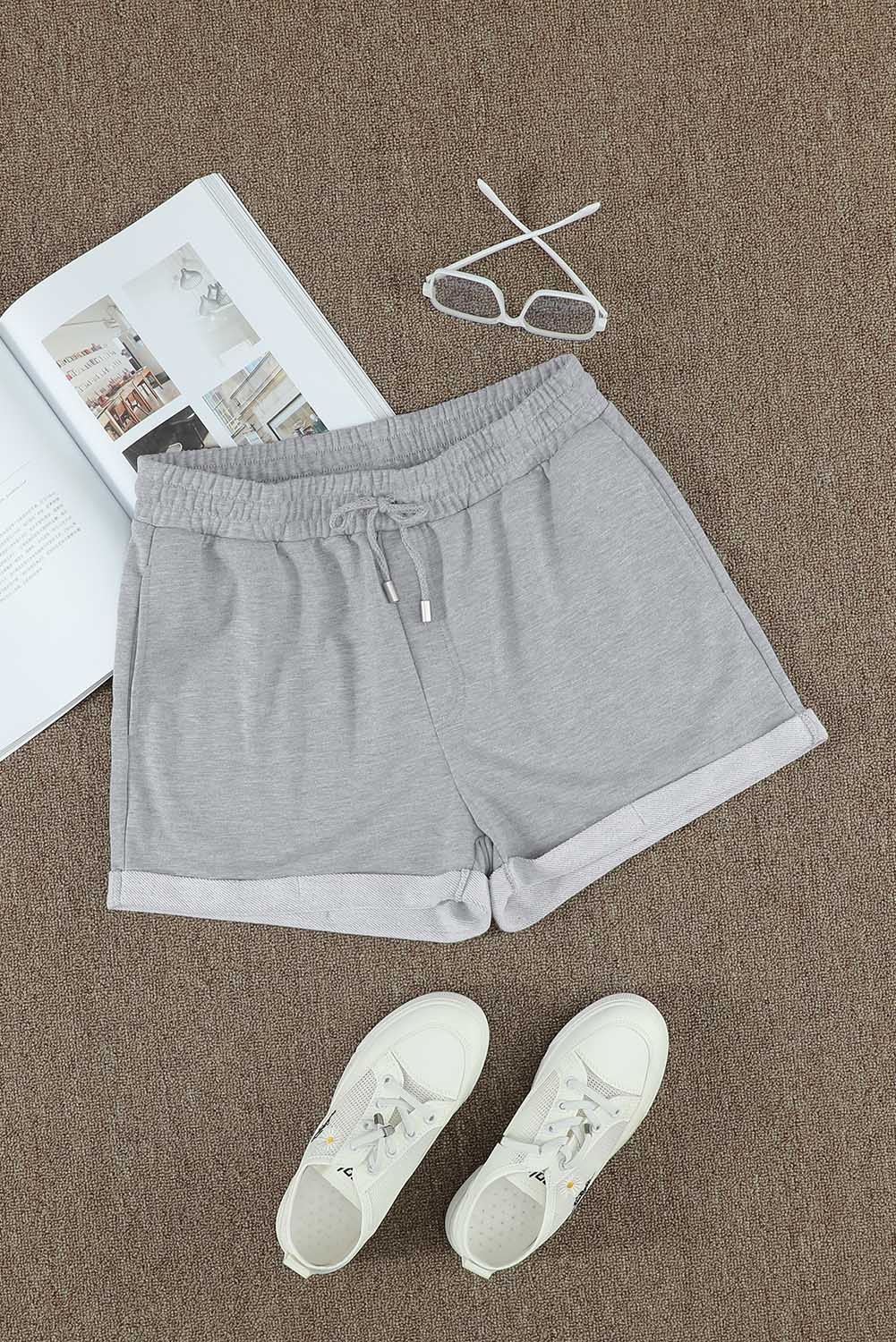 Summer Women Gray Tie Waist Side Pockets Cuffed Lounge Shorts