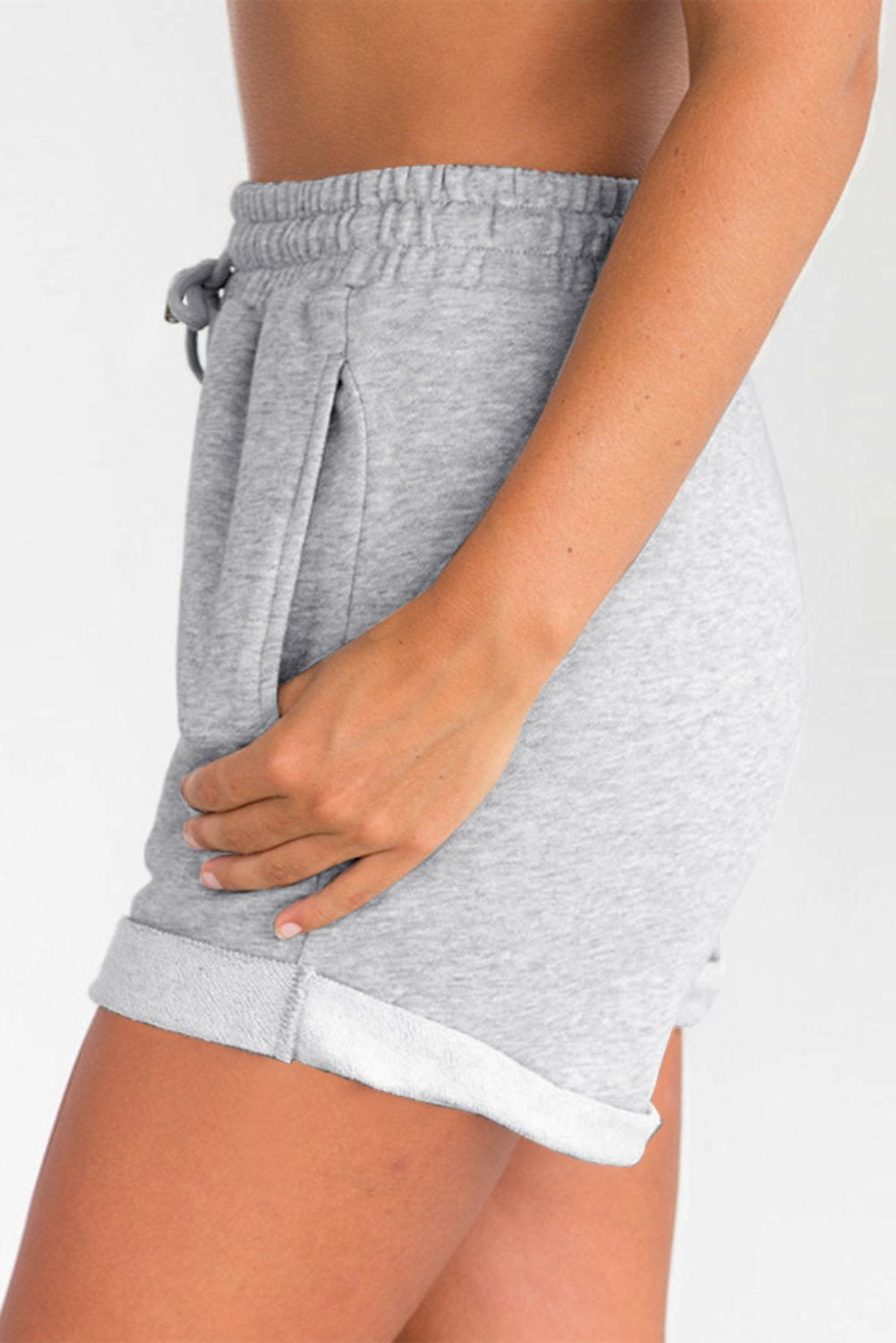 Summer Women Gray Tie Waist Side Pockets Cuffed Lounge Shorts