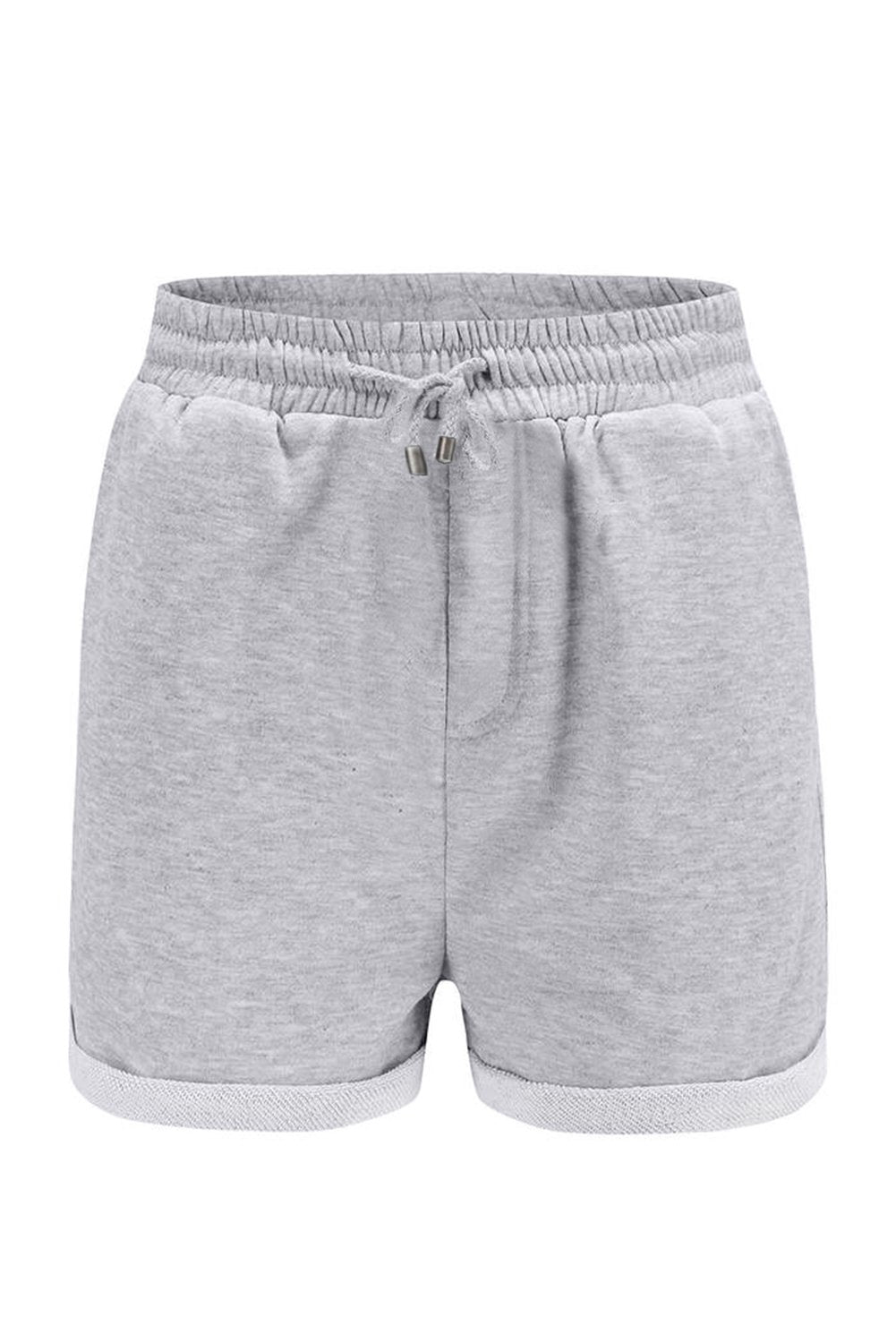 Summer Women Gray Tie Waist Side Pockets Cuffed Lounge Shorts