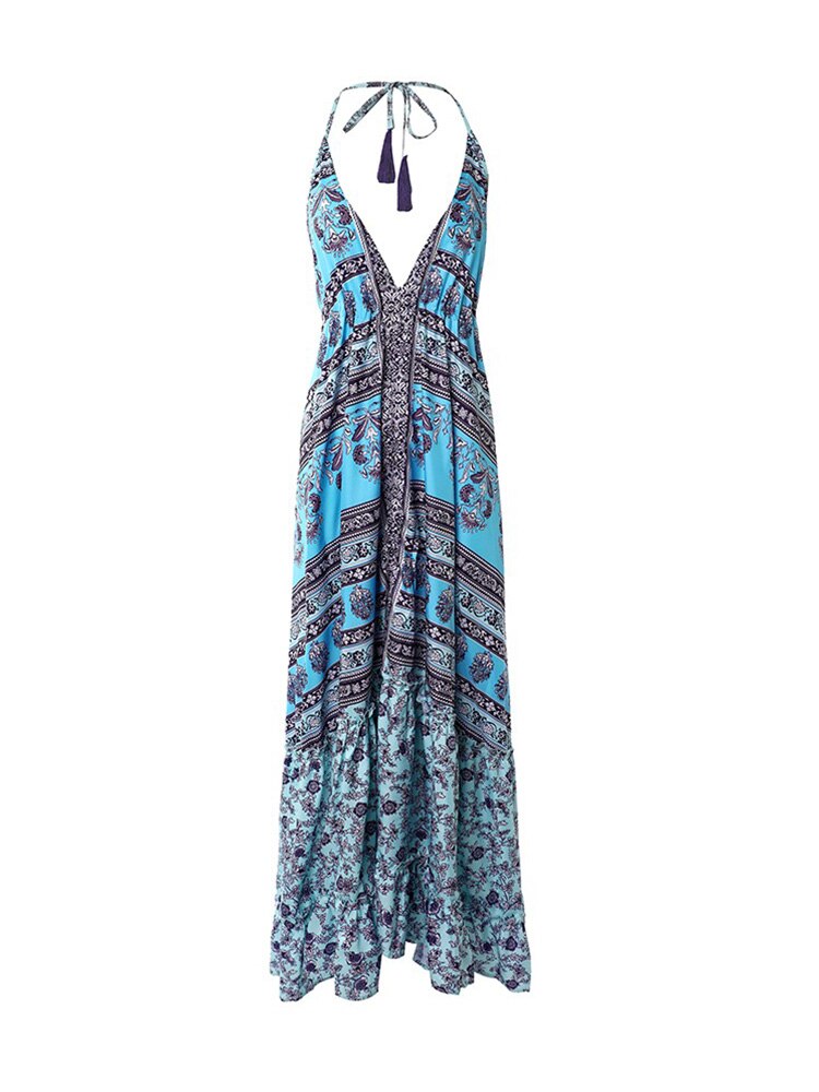 Tribal Print Backless Maxi Dress