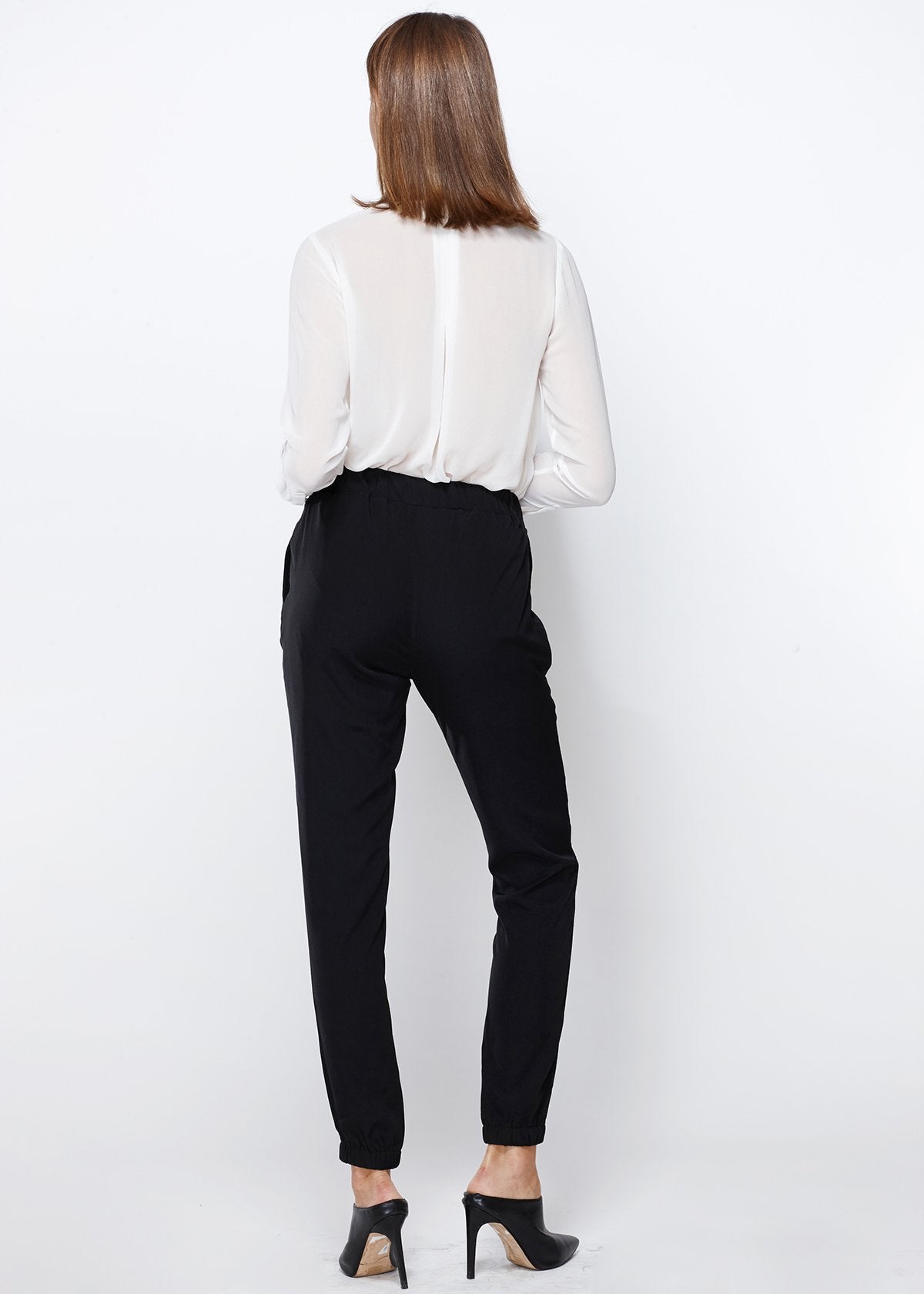 Women's Ankle Cuffed Black Crepe Pants In Black