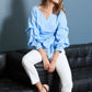 Gathered Sleeve Wrap Blouse In Blue