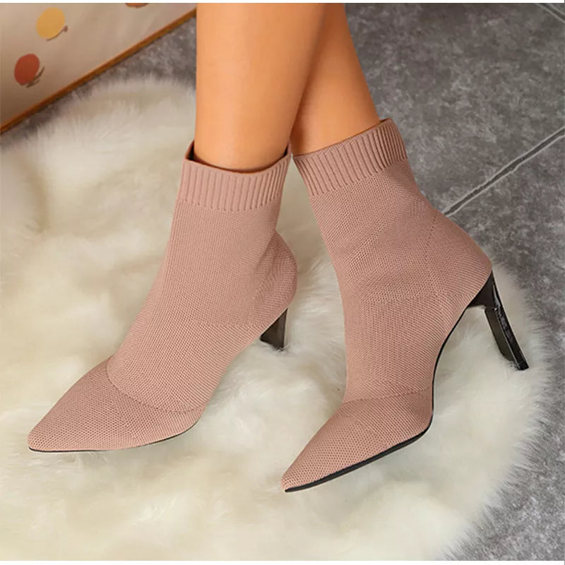 Women Stretch Ankle Boots Pointed Toe Pumps Elastic Fabric High Heels