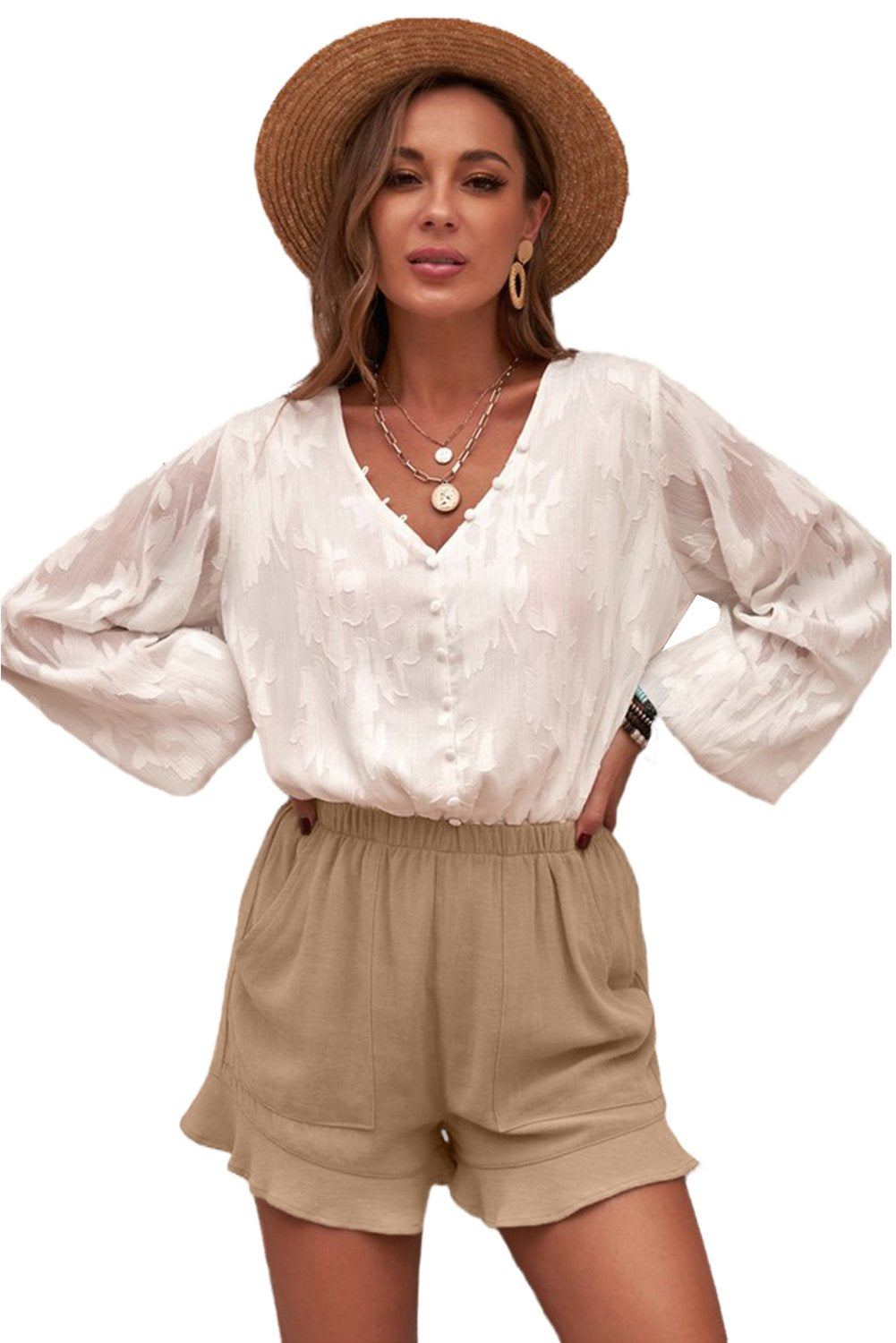 Women's Casual Pocketed Flutter Khaki Linen Cotton Shorts