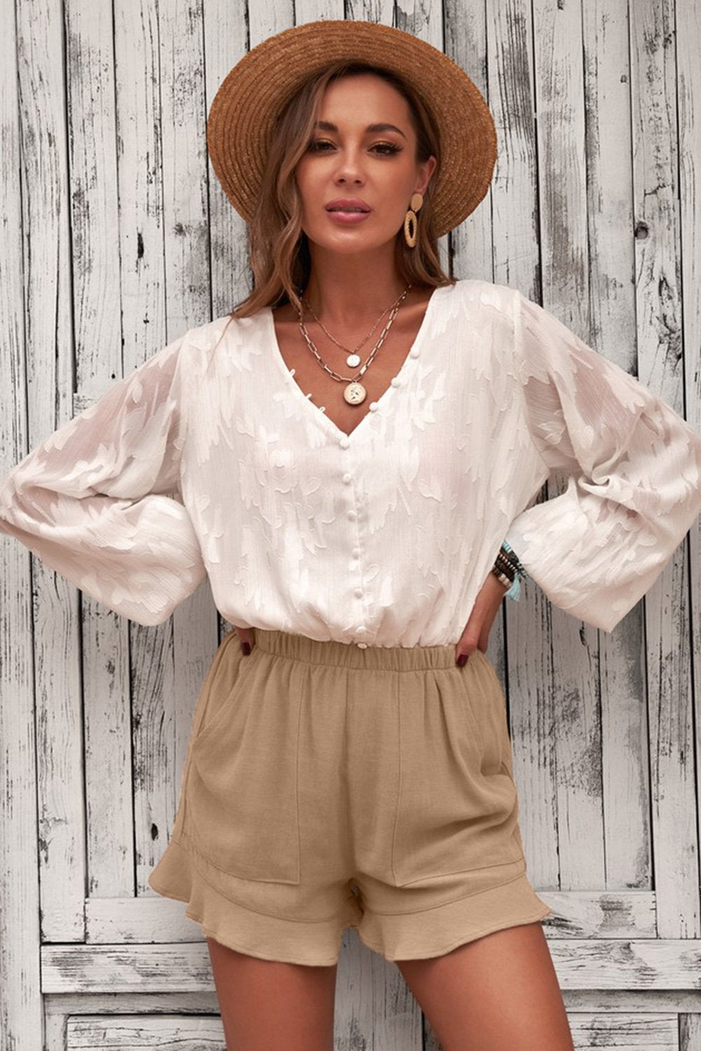 Women's Casual Pocketed Flutter Khaki Linen Cotton Shorts