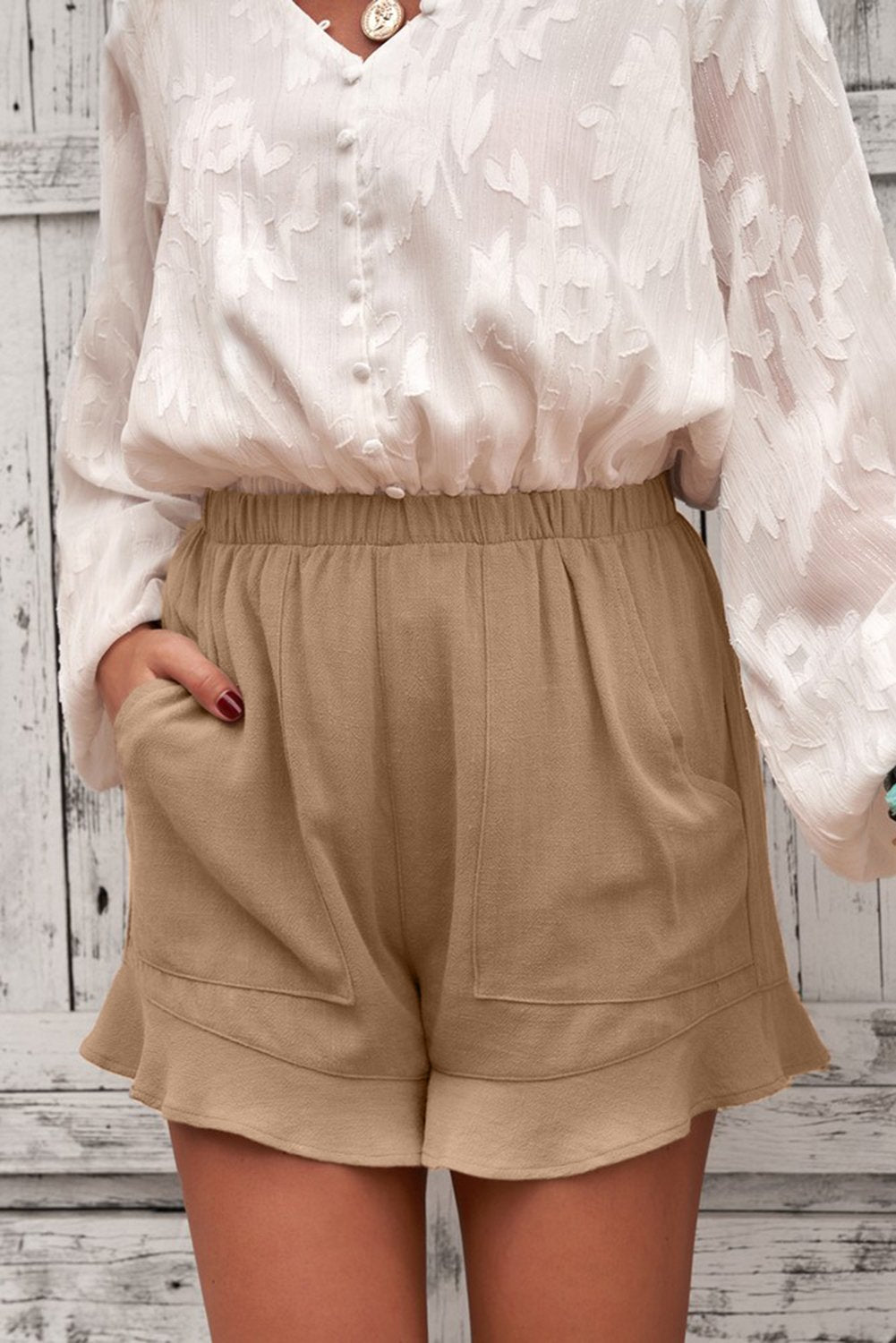 Women's Casual Pocketed Flutter Khaki Linen Cotton Shorts