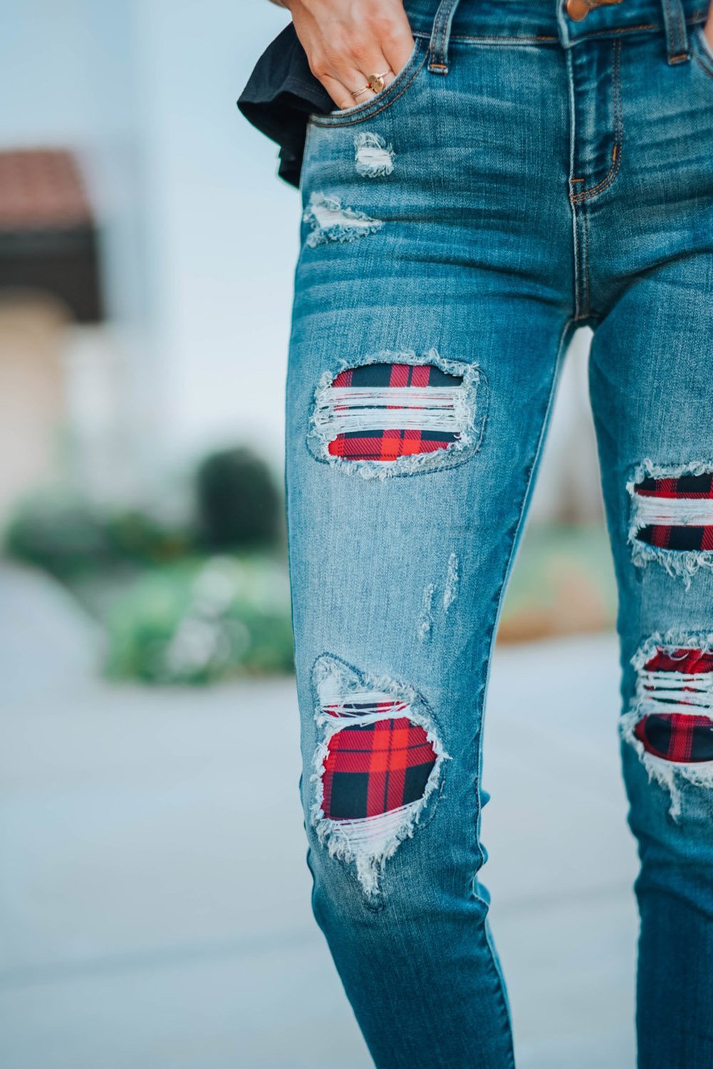 Women's Fashion Red Plaid Patch Destroyed Skinny Jeans