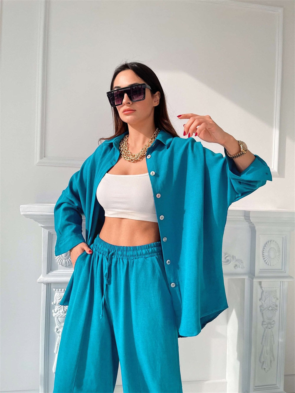 Women Oversized Shirt Tops Harem Pants Sets