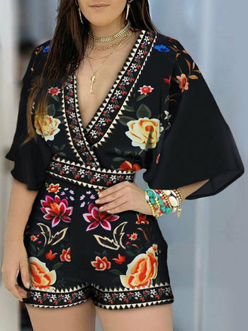 Shorts Romper Overalls Retro Floral Print Playsuit Bodysuit