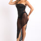 Sexy Off The Shoulder Black Tube Dress Asymmetric With Mesh Contrast