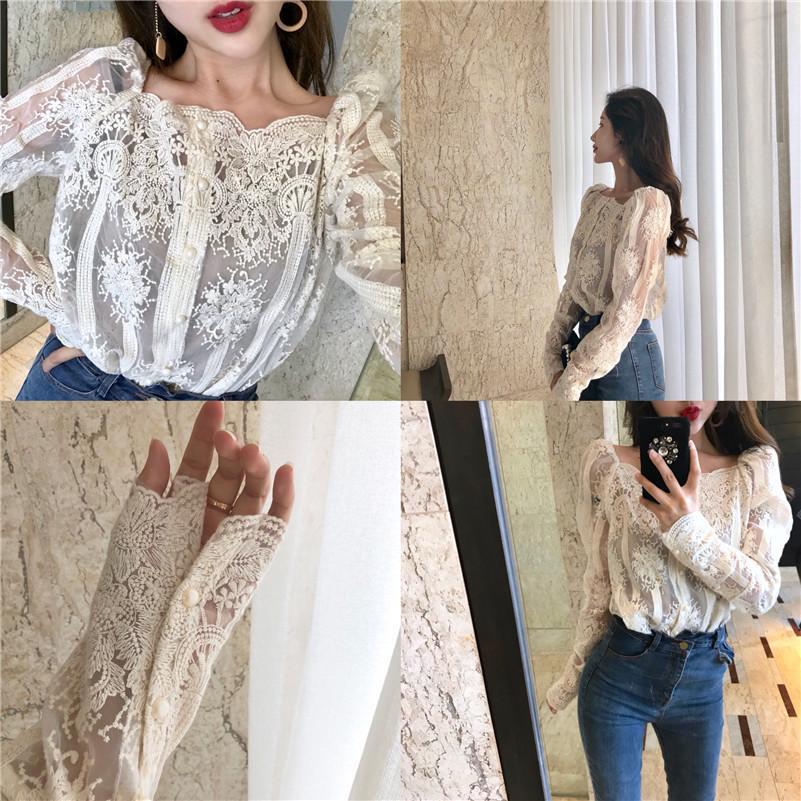 Mesh Pearls Shirts Strapless Lace Long Sleeve Gauze Stitching Blouse