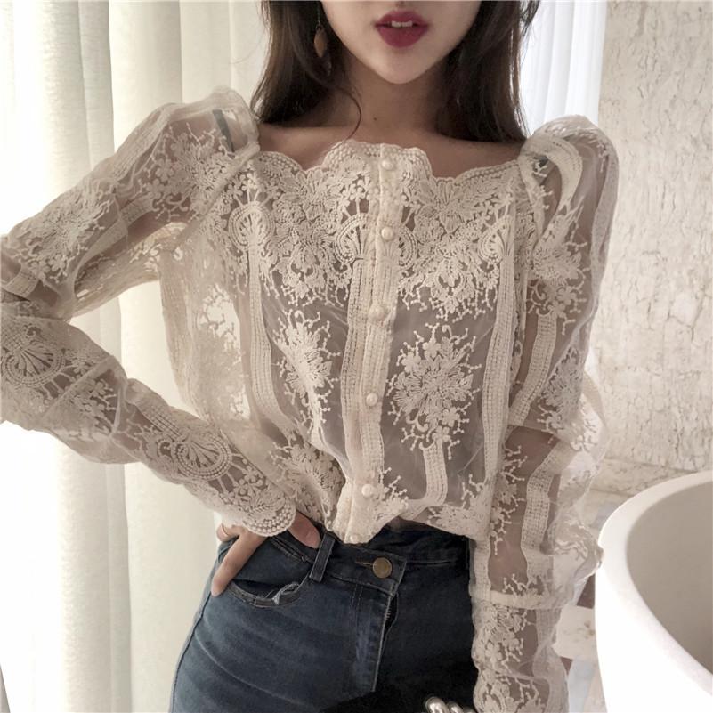 Mesh Pearls Shirts Strapless Lace Long Sleeve Gauze Stitching Blouse