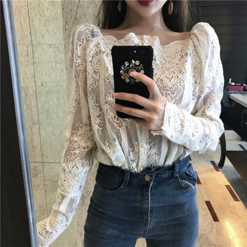 Mesh Pearls Shirts Strapless Lace Long Sleeve Gauze Stitching Blouse