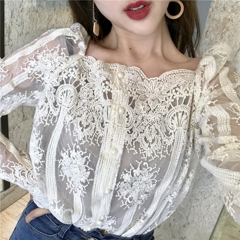 Mesh Pearls Shirts Strapless Lace Long Sleeve Gauze Stitching Blouse