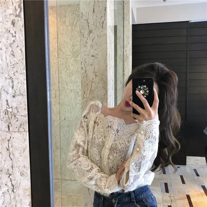 Mesh Pearls Shirts Strapless Lace Long Sleeve Gauze Stitching Blouse