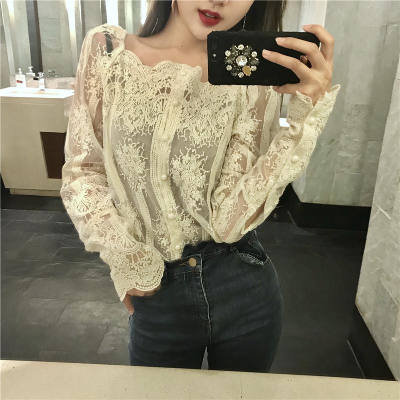 Mesh Pearls Shirts Strapless Lace Long Sleeve Gauze Stitching Blouse