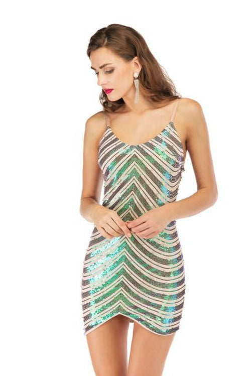 Sequin dress stretch sequin skirt open back beaded spaghetti strap